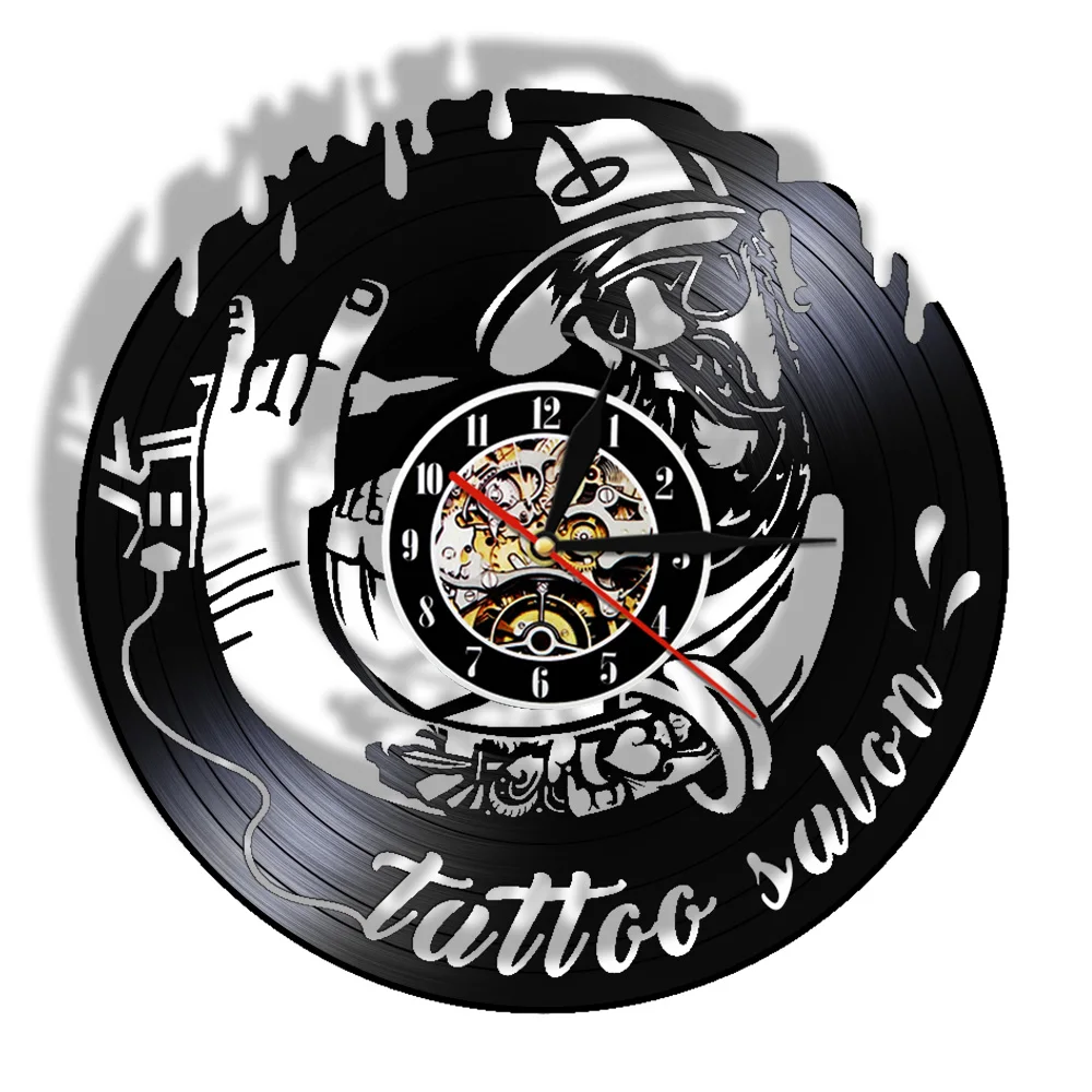 Old School Tattoo Salon Wall Clock Made Of Real Vinyl Record Tattoo Studio Clock Business Sign Hanging Wall Watch Tattooist Gift