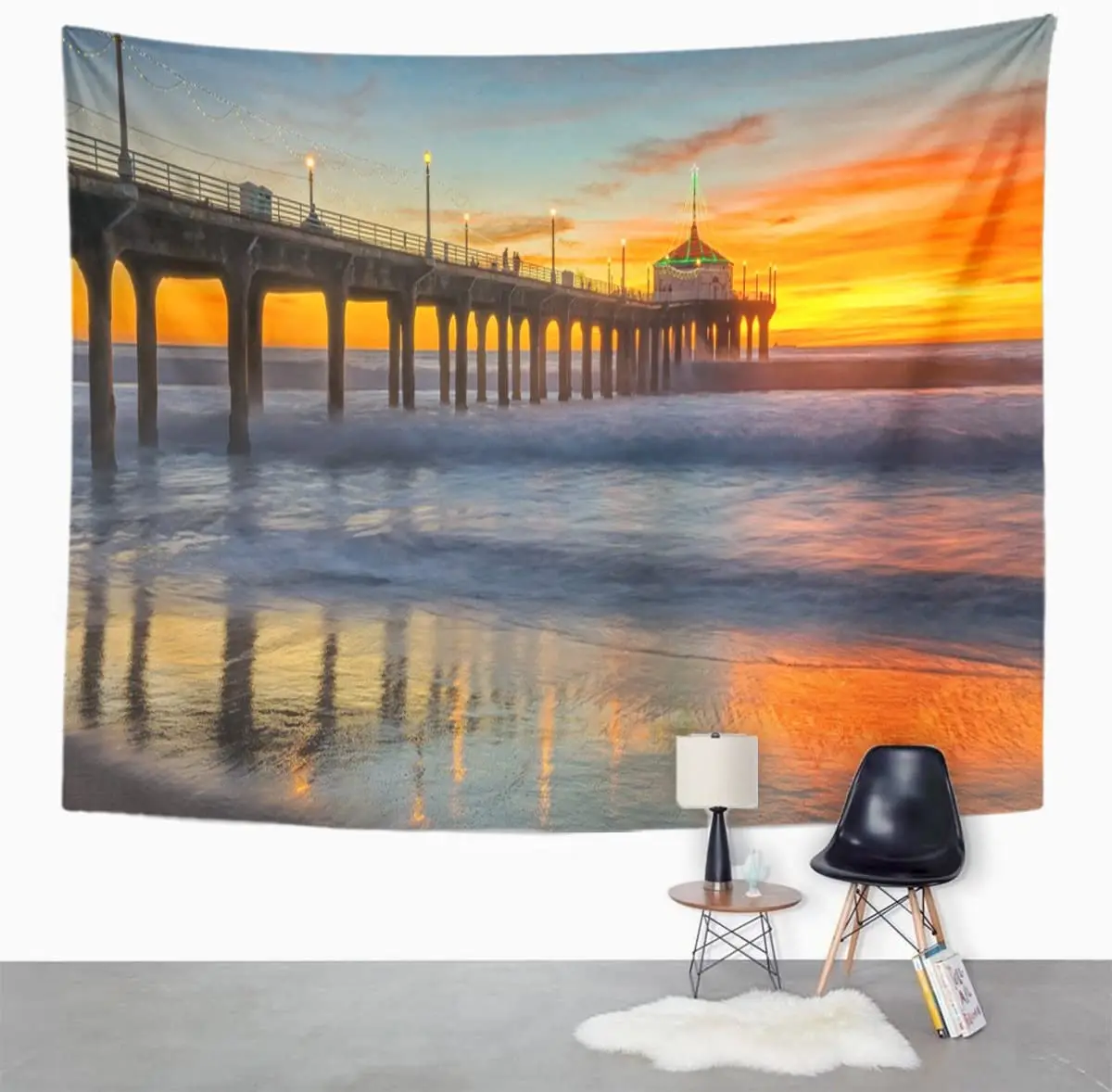 Sun Setting Over Manhattan Beach Pier As Powerful Waves Roll Very Colorful Sky is Reflected on The Tapestry Home Decor Wall Hang