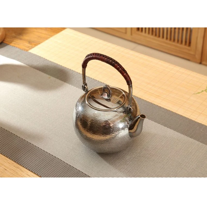 Silver pot 999 sterling silver handmade tea set Japanese retro teapot kettle home tea ceremony Kungfu tea set 900ml