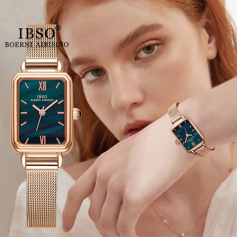 IBSO Women Luxury Fashion Green Gold Quartz Watches Elegant Rectangle Stainless Steel Mesh Strap Ladies Wristwatch Female Clock