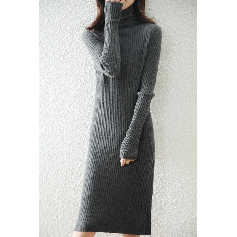 100% Zuivere Wol Gebreide Truien Vrouwen Hot Koop Coltrui Jurken Lange Winter Warme Zachte Wollen Knitwears Vrouwelijke Jumpers