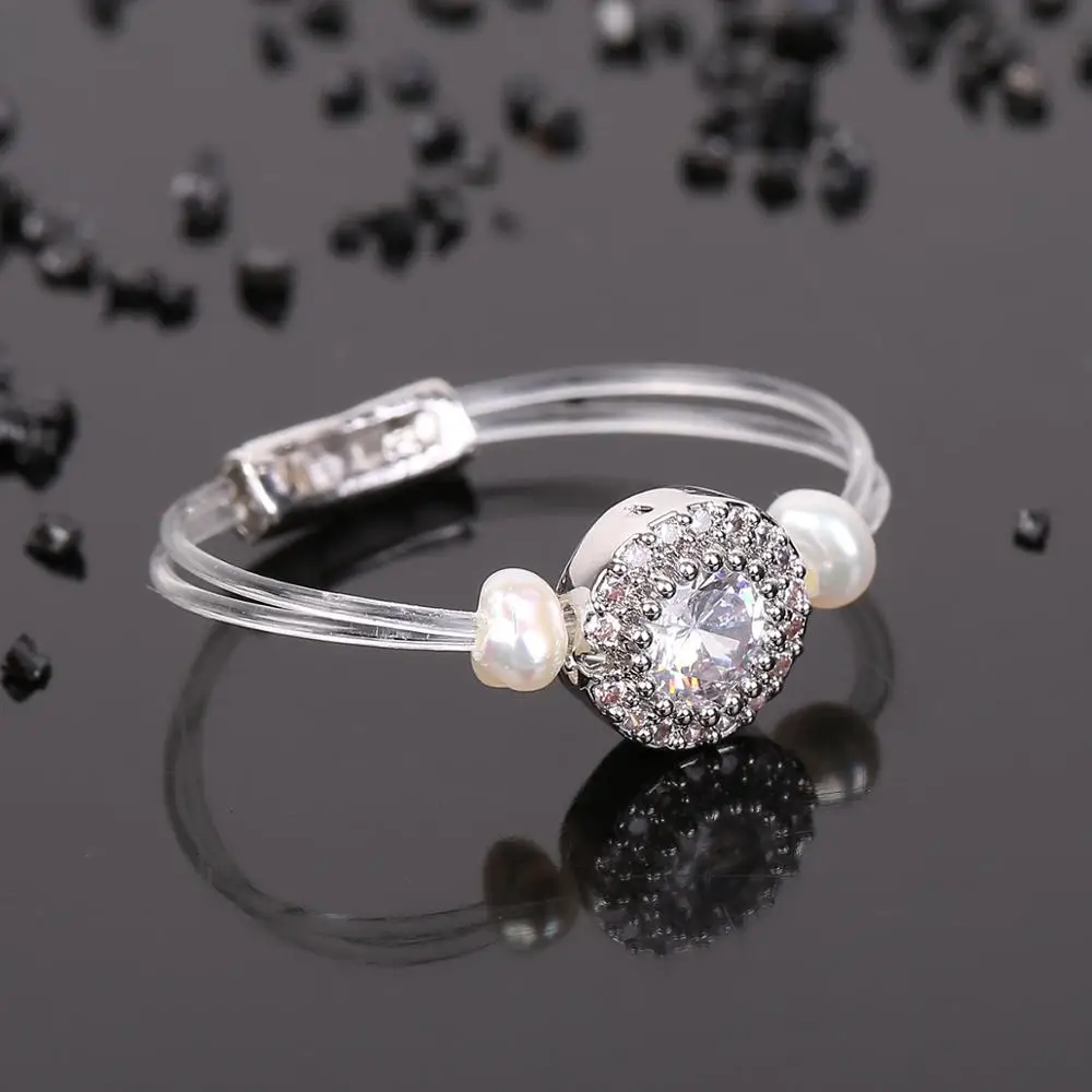 2020 New Trendy Women's Fashion Transparent line Brass Ring Round Zircon Natural Pearl Elastic Ring Accessory For Daily life