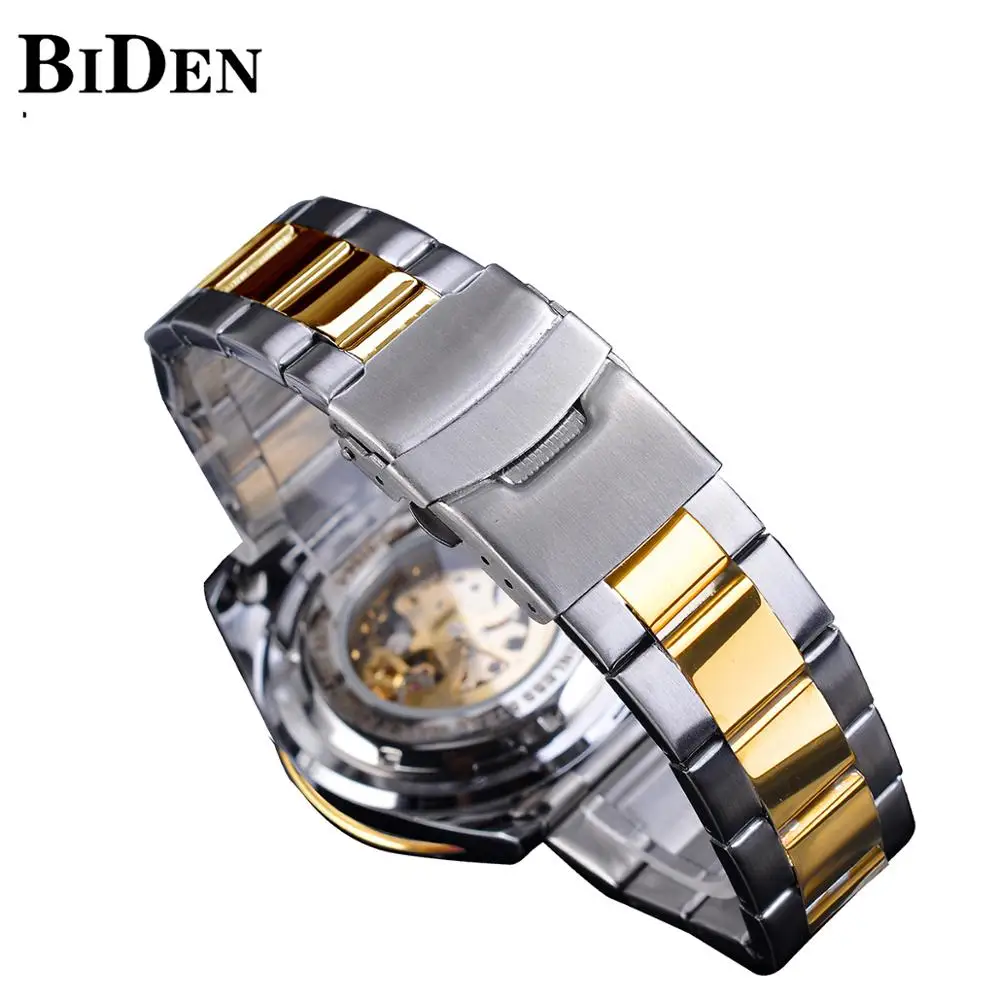 BIDEN Scheletro Diamante Quadrante Blu Oro Automatico Impermeabile In Acciaio Inox Banda Luminosa A Mano Numeri Romani Orologio Meccanico