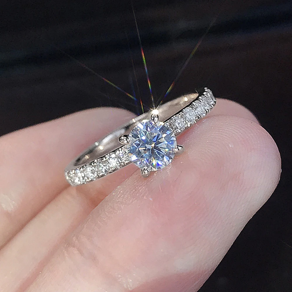 Huitan Klassisches 4-Krallen-Design, rund, Zirkonia, für Damen, Hochzeit, Verlobungsringe, 3 Farben erhältlich, zurückhaltender Brautschmuck, heißer Verkauf – Detail 5