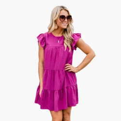 2024 Summer Women's Dress Ruffle Short Sleeve A-line Hem Loose Casual Dress Holiday Beach Sun Skirt Solid Robe Mini Cake Skirt