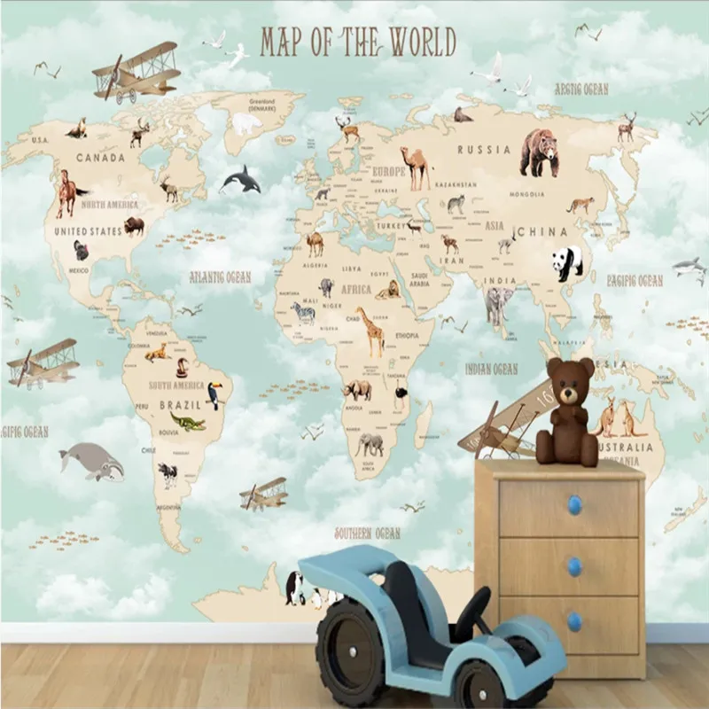 

Cartoon Children's Room Background Mural Wallpaper 3D World Map Wall Papers Home Decor Three Colors Optional Papel De Parede 3D