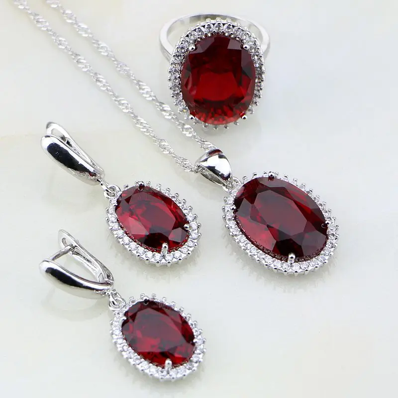 

925 Silver Jewelry Round Red Garnet Zircon White CZ Jewelry Sets For Women Wedding Earring/Pendant/Necklace/Ring 3PCS