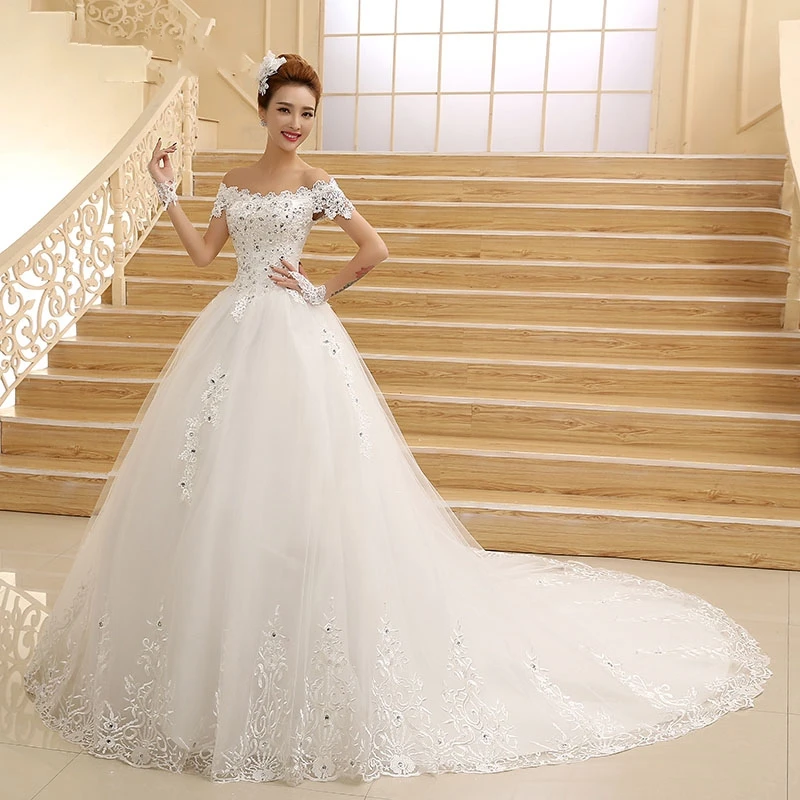 Robe de mariée De luxe en dentelle, épaules dénudées, manches courtes, Appliques, 2020