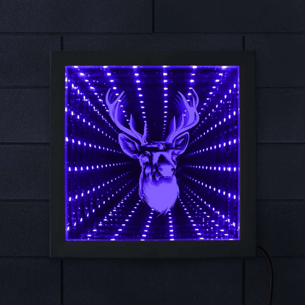 

Deer Head Deer Antler 3D Optical illusion Infinity Mirror Wood Frame Woodland Deer Buck Wildlife LED Never ending Tunnel Light