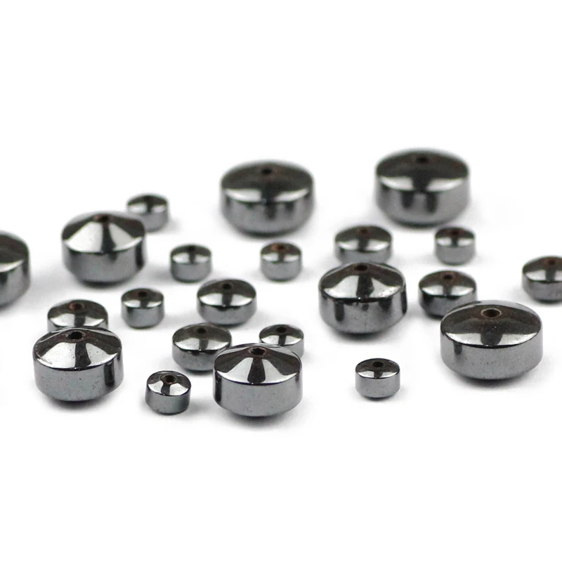 JHNBY Cylinder Black Hematite Beads 4/6/8/10MM Natural Stone Geometric Flat Round Loose Beads For Jewelry Bracelet Making DIY