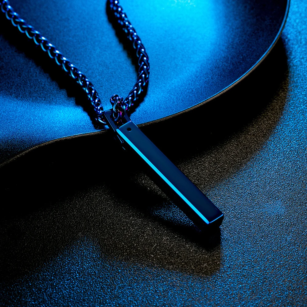 Black Blue Geometric Rectangle Pendant Necklace For Men Tungsten Steel Necklaces Anniversary Male Jewelry Gift 24Inch Chain