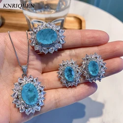 2021 Trend Paraiba Tourmaline Gemstone Pendant Necklace Earrings Rings High Carbon Diamond Wedding Jewelry Sets for Girlfriend