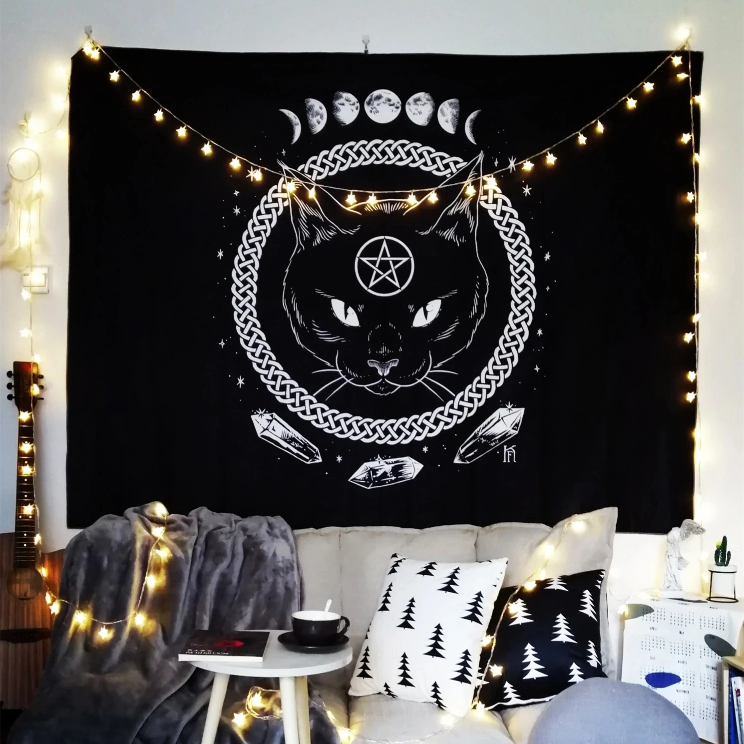 Cat Mysterious Divination Witchcraft Tapestry Wall Hanging Tapestries Baphomet Occult Home Wall Black Cool Decor Cat Coven