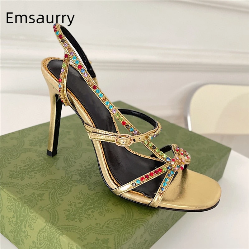 

Colorful Diamond Narrow Band Sandals For Girls Women Stiletto Heel Real Leather Suede Strap Rhinestone Bowtie Summer Shoes