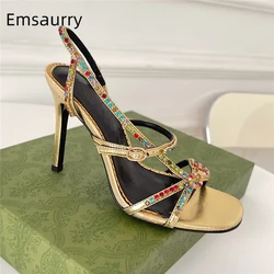 Colorful Diamond Narrow Band Sandals For Girls Women Stiletto Heel Real Leather Suede Strap Rhinestone Bowtie Summer Shoes