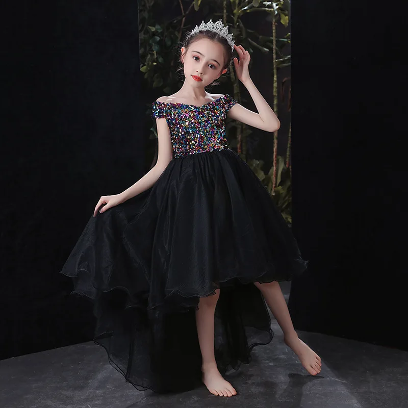 

Princess Flower Girl Dress Sequin Black Tulle Off Shoulder Wedding Birthday Party Dresses For Girls Princess Costume Prom Gown