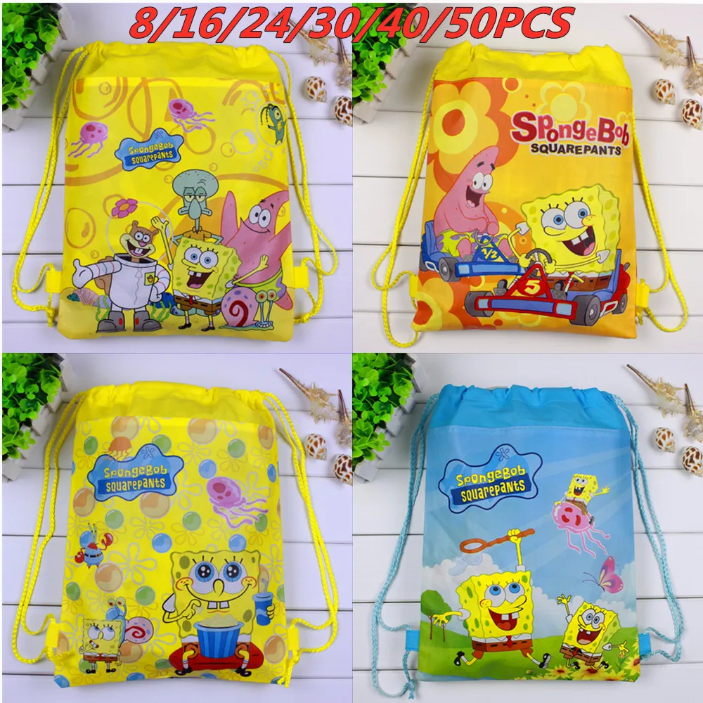 

8/16/24PCS High Quality Sponge Theme Bob Non-Woven Fabrics Drawstring Backpack For Kids Birthday Party Favor Gift Bags 36*28CM