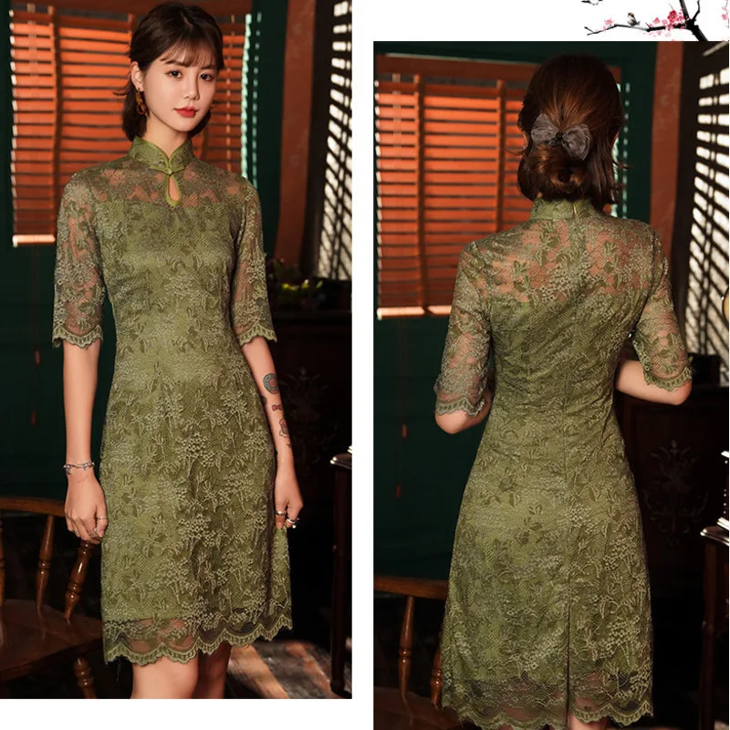 Sheng Coco Women Sexy Hollow Lace Improved Chinese Cheongsam Dresses Water Droplets Collar Long Sleeve Qipao Moden Dress