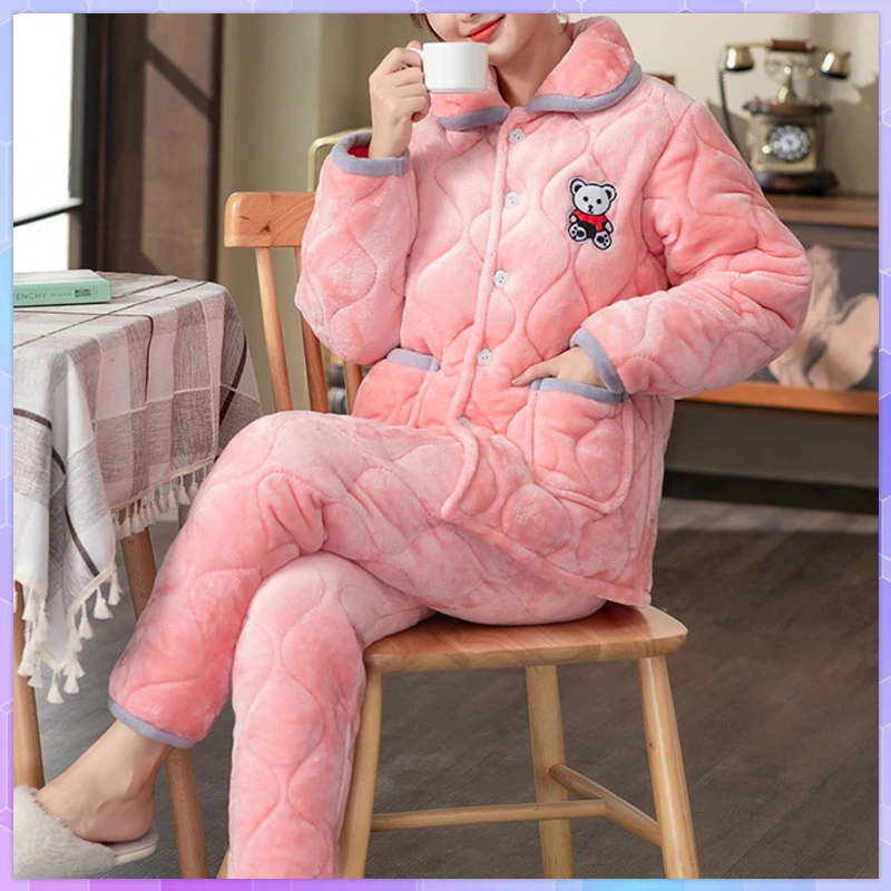 Three-Layer Winter Thick Warm Flannel Women\'s Pajamas Sets Sleepwear Plus Velvet Home Clothing Female Set Woman 2 Pieces Suit