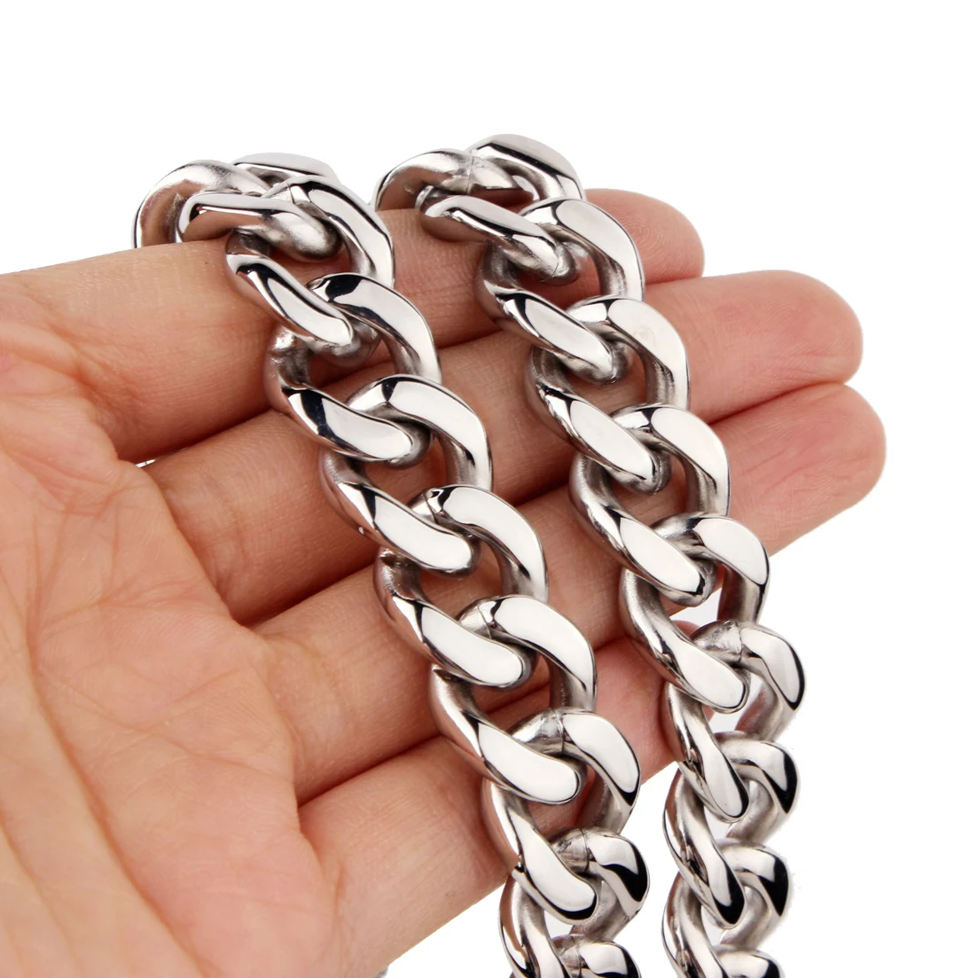 High Polishing 13/15mm Width Cool Mens 316 Stainless Steel Silver Color Cuban Link Chain Necklace Bracelet 7\