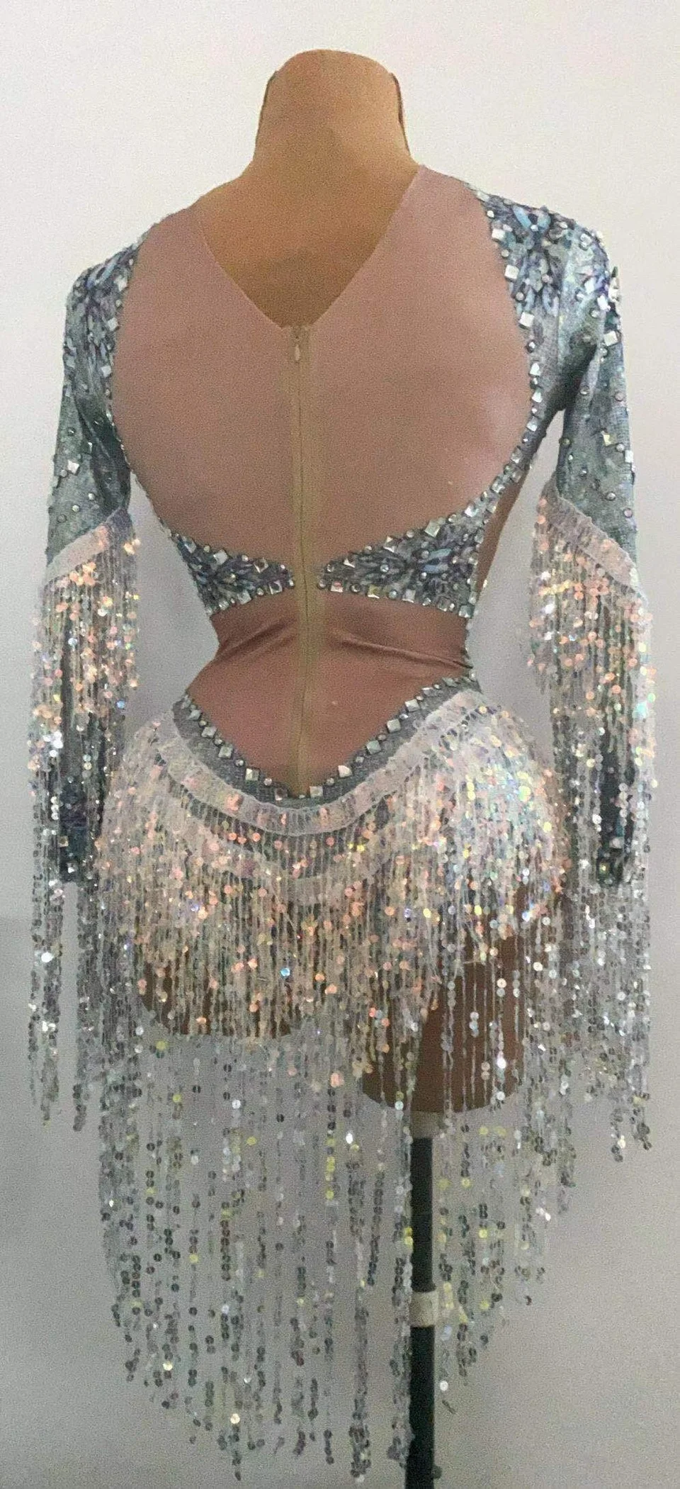 Sparkly Rhinestones Sequin Fringes Bodysuit Stretch Long Sleeve Dance Leotard Nightclub DS Singer Costume Party Show Stage Wear