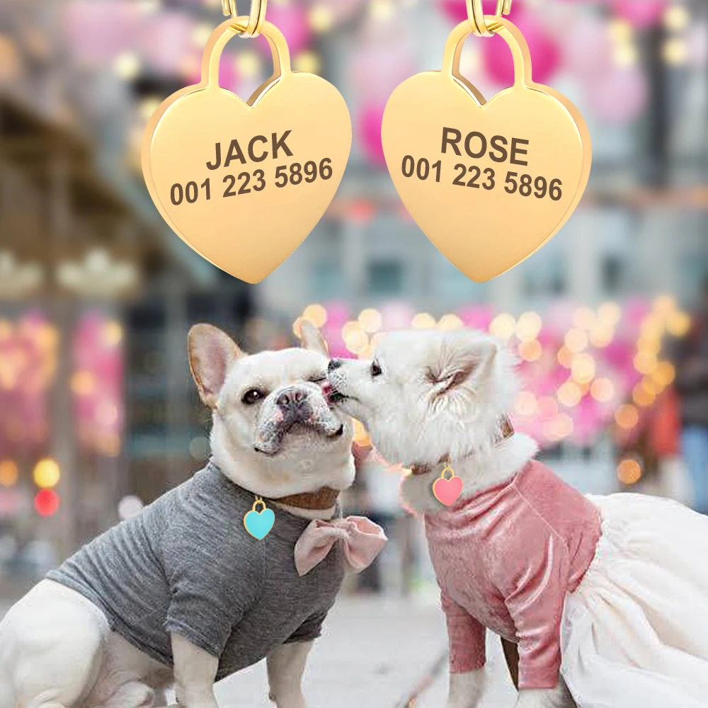 Heart Shape Dog ID Tag Personalized Dogs Cats Nameplate Tags Anti-lost Name Plate Free Engraving Dog Accessories Pink