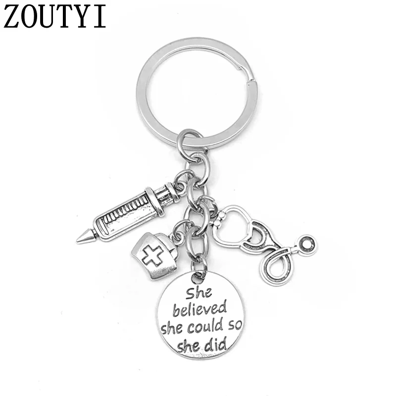 2019 / New Doctor Medical Tools Stethoscope Syringe Lasso Heart Pendant Keychain Key Ring Nurse Student Gift Jewelry.