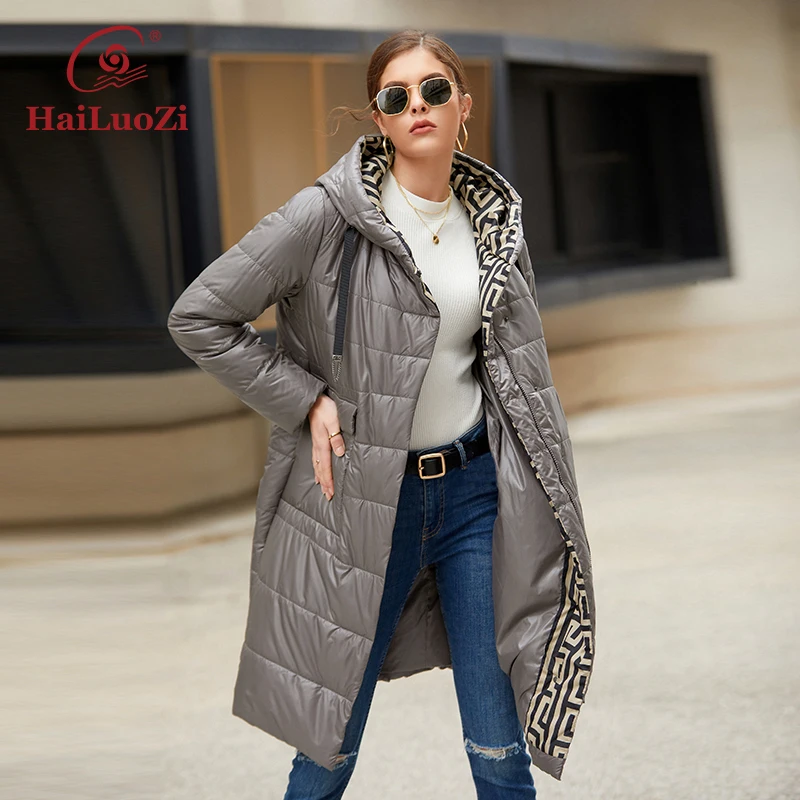 HaiLuoZi 2022 New Spring Autumn Women's Jacket Fashion Splicing Long Parkas Big Pocket Women Coat Windproof L-5XL Outwear 7061