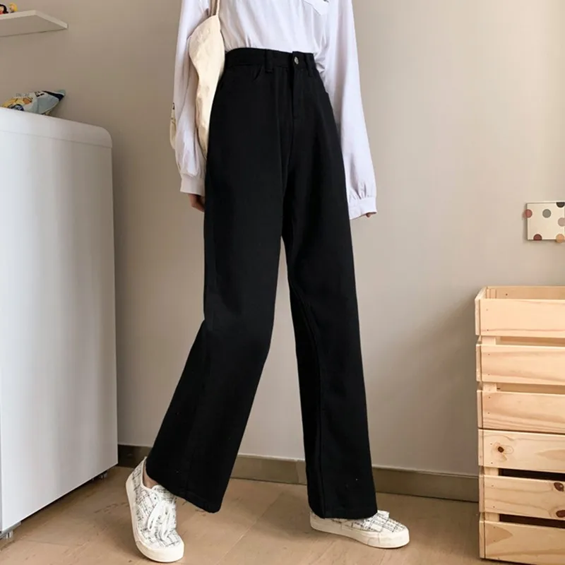 Women White Casual Jeans New Arrival 2021 Autumn Korean Style All-match Loose High Waist Female Wide Leg Denim Pants T012