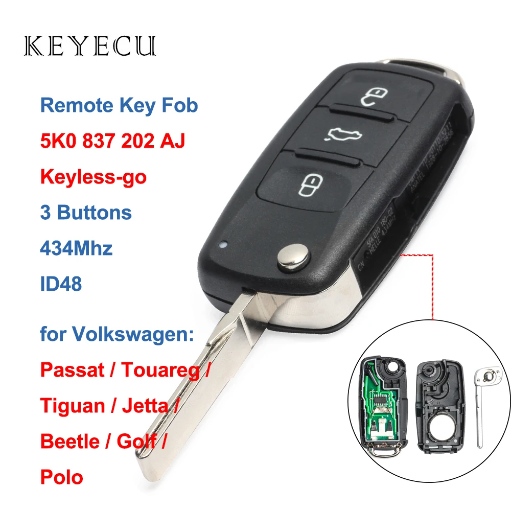 

Keyecu 5K0 837 202 AJ Flip Remote Car Key Fob 434MHz CAN ID48 for VW Volkswagen Touareg Beetle Golf Jetta 2011 2012, 5K0837202AJ