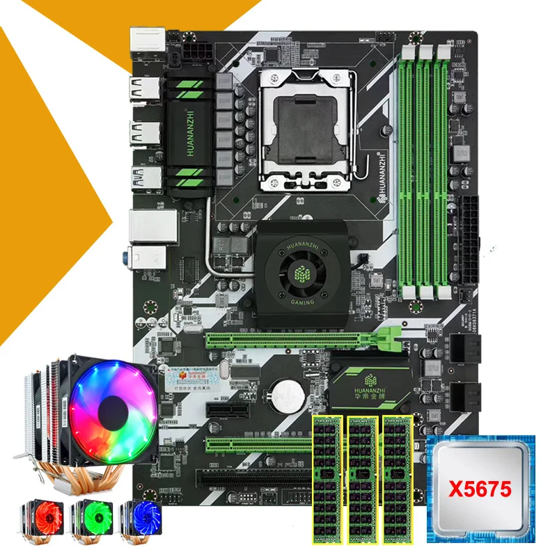 HUANANZHI X58 Deluxe Motherboard Bundle On Sale Processor Intel Xeon X5675 6 Heatpipes Cooler Big Brand Memory 24G(3*8G) RECC