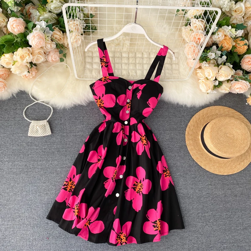 Boho 2020 Floral Print Vintage Spaghetti Strap Summer Mini Short Dress Party Polka Dot Casual Women Beach Holiday Retro Vestiods