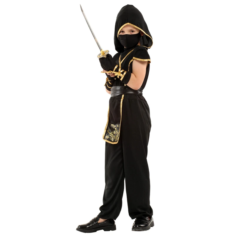 Kids Child Japan Samurai Black Gold Ninja Boy Costume Cosplay for Boys Carnival Purim Halloween Costumes Fancy Dress Umorden