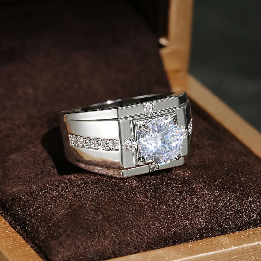 Huitan Men Rings for Wedding Engagement Solitaire Shiny Cubic Zirconia Simple Elegant Design Male Marriage Rings Classic Jewelry
