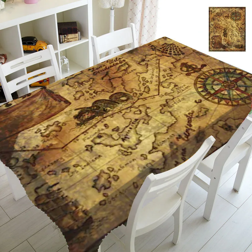 Antique Old Pirate Map Tablecloths for Rectangle Table Cover Medieval Compass Vintage Table Cloths Home Decoration Waterproof
