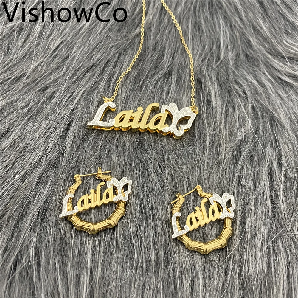 Custom Name Necklace Double Plate Name Earrings Personalized Stainless Steel Name Necklace and Earring Set For Women Gift