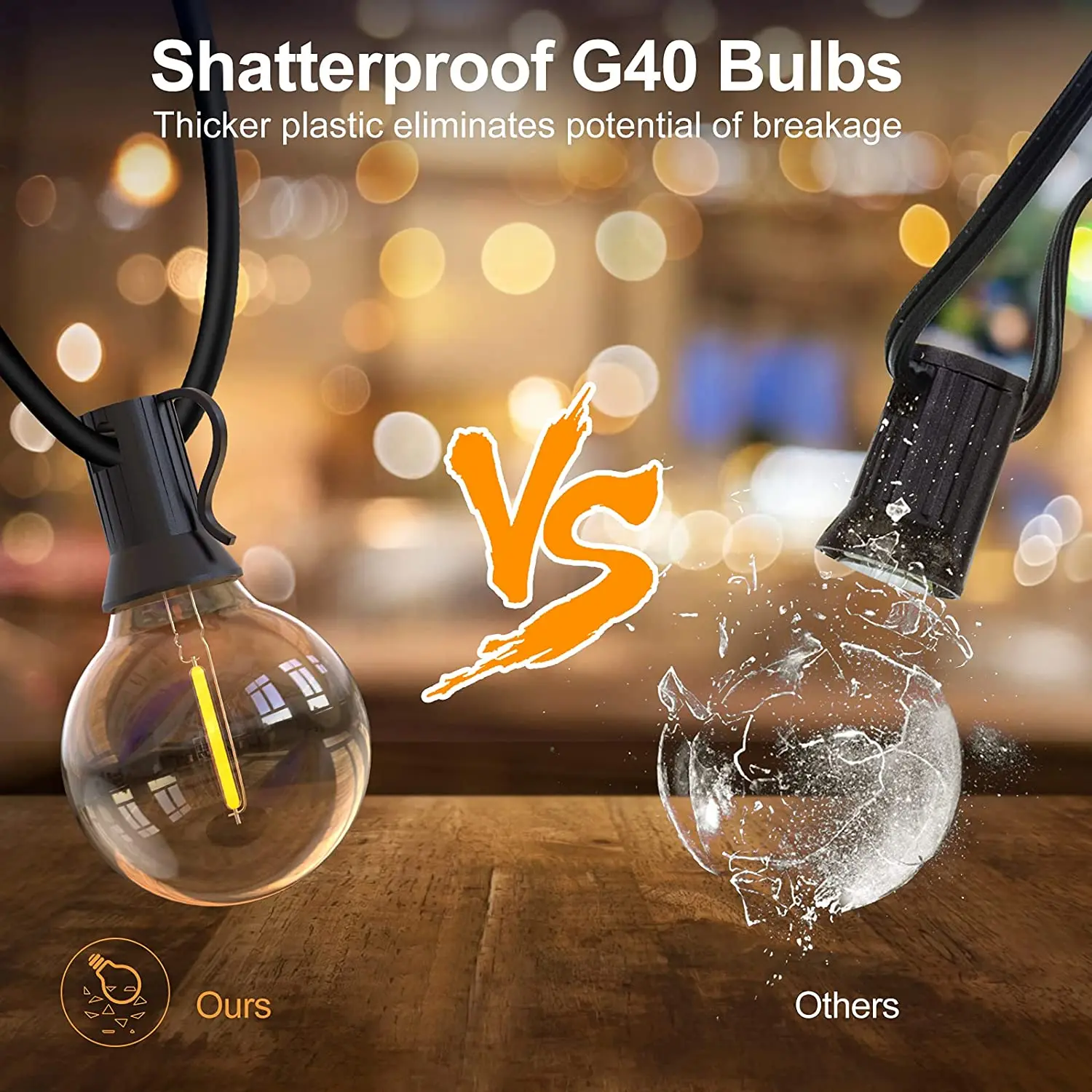Solar String Lights, G40 Shatterproof LED Solar String Light Outdoor Umbrella Lights with 40 Bulbs Patio Waterproof Lights