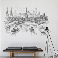 Sketch Style Kremlin Moscow River Scenery Wall Stickers For Home Decoration Landscape Wall Mural Art Diy Pvc Wall Decals