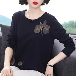 Shintimes New Floral Embroidery T Shirt Women Blue Vintage T-Shirt 2021 Spring Fall Cotton Loose Korean Clothes Tee Shirt Femme