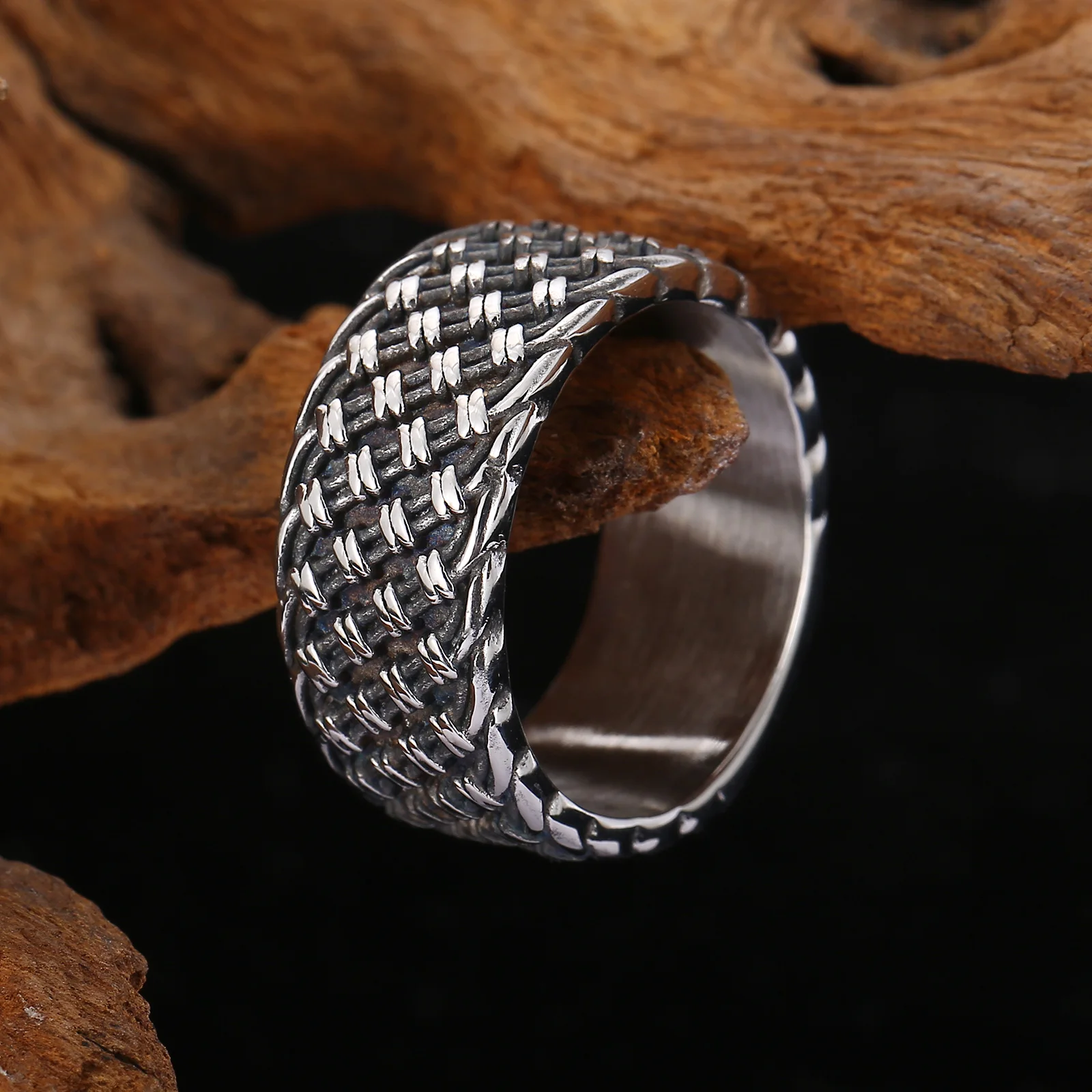 Kalen Punk 10mm Weave Pattern 316L Stainless Steel Men\'s Ring Vintage Jewelry Wide Accessories