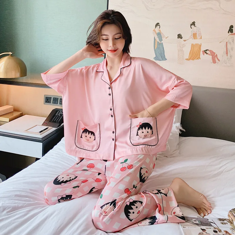 2021 New Women Sikly Satin Pajamas Cute Smiling Face 3/4sleeved Lapel Pyjama Fashion High-end Home Service Suits Sleepwear Sets