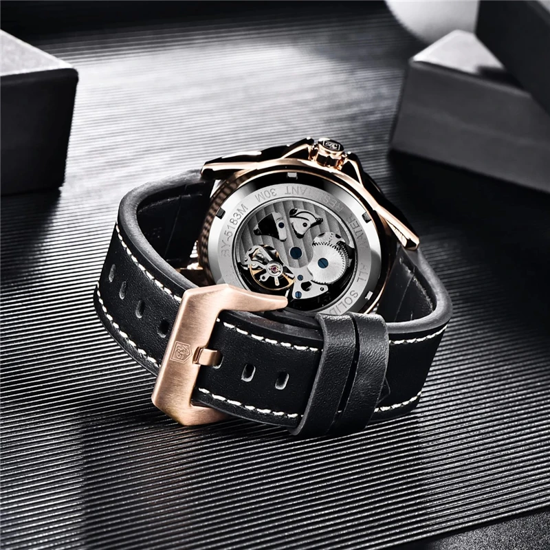 BENYAR New Hollow Leather Men\'s Watch Top Brand Stainless Steel Sports Waterproof Clock Luxury Automatic Watch for Men