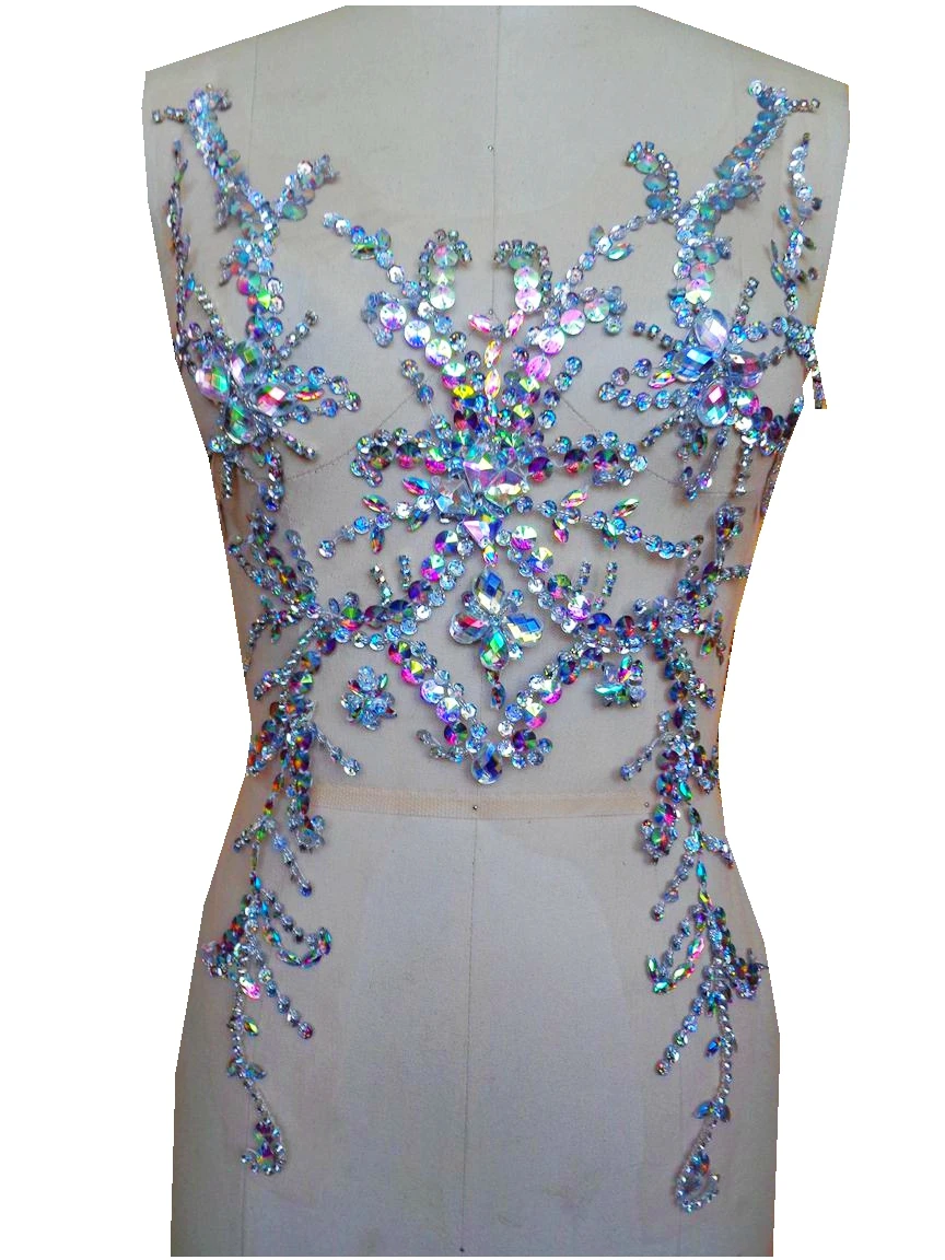 zbroh Pure hand made clear AB colour sew on Rhinestones applique crystals patches 49*31cm dress accessory
