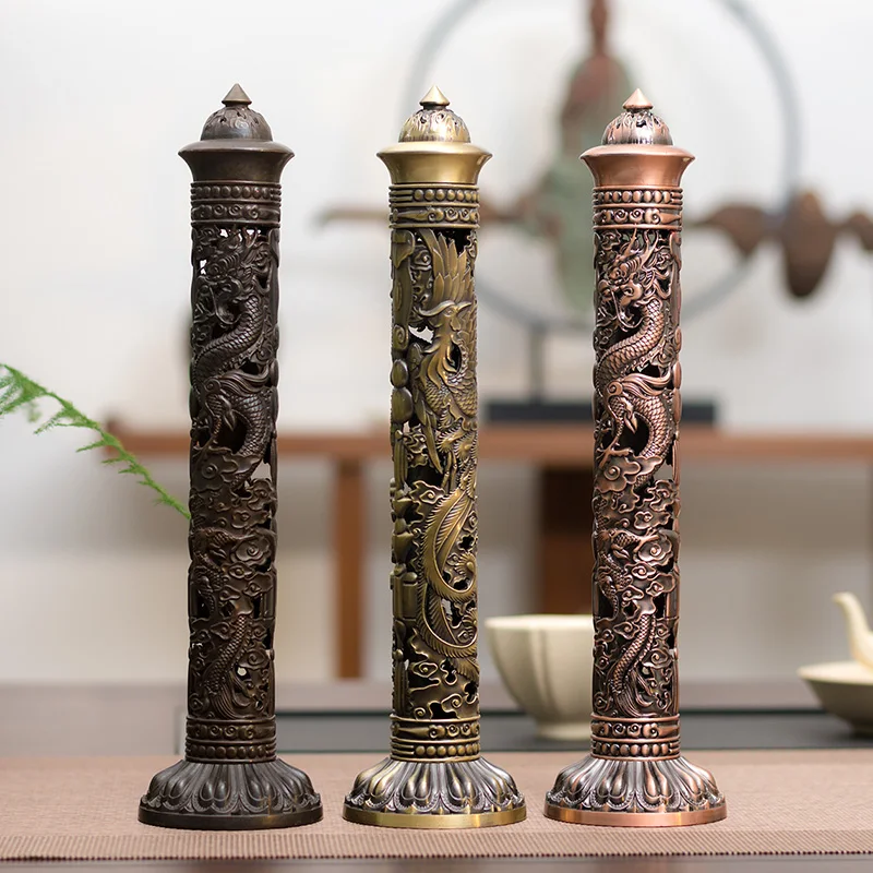 PINNY Metal Relief Dragon Phoenix Incense Burner Retro Zen Stick Censer Sandalwood Incense Base Home Decoration Accessories