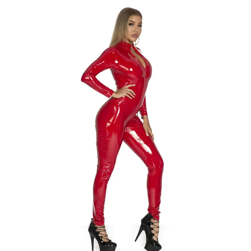 

Sexy Women Shiny Full Body Bodysuit PU Faux Leather Oil Gloosy Sexy Tight Shaping Thong Open Crotch Dance Wear F38