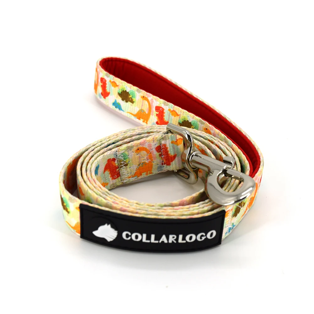 Adjustable Pet Dog Collar Durable Soft Cute Creative Colored Dinosaur Design Leash Neoprene Harness Poop Bag Dispenser