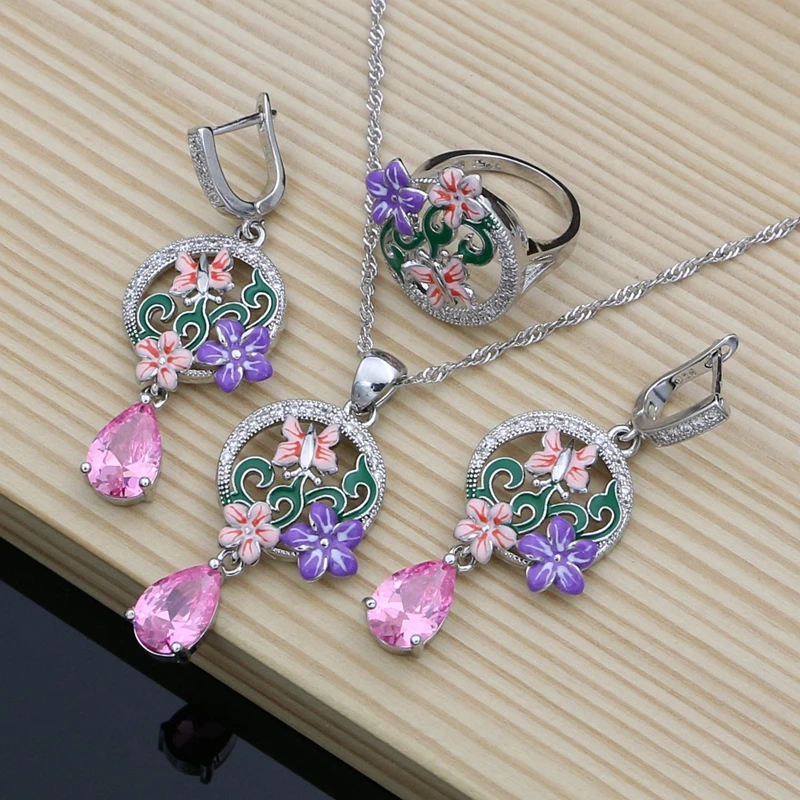 Fine Silver 925 Jewelry Sets Pink&Purple Enamel with Topaz Earrings Women Butterfly Flower Decoration Jewellry Dropshipping