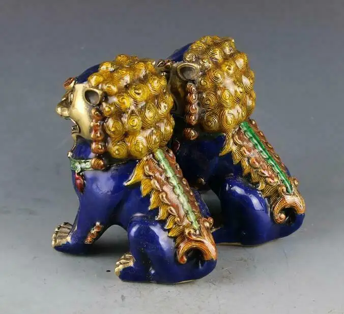 China Copper Cloisonne FengShui Guardian Evil Fu Foo Dogs Lions Pair