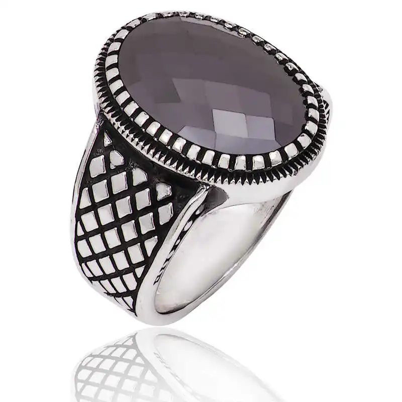 Silver Black Stone Men's Ring - 925 Sterling Men's Jewelry Wedding Birthday Gift - Box - Men - Fashion - Botiva - Size - Turkish - Patterned Embroidery