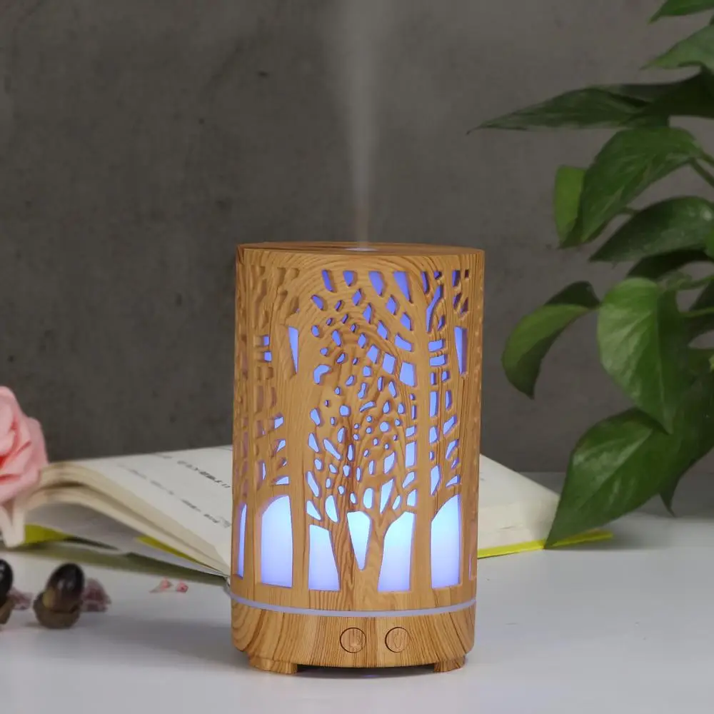 200ml Ultrasonic Air Humidifier Forest Aroma Essential Oil Diffuser Hallow Wood Grain 7 Color LED Aromatherapy Humidificador